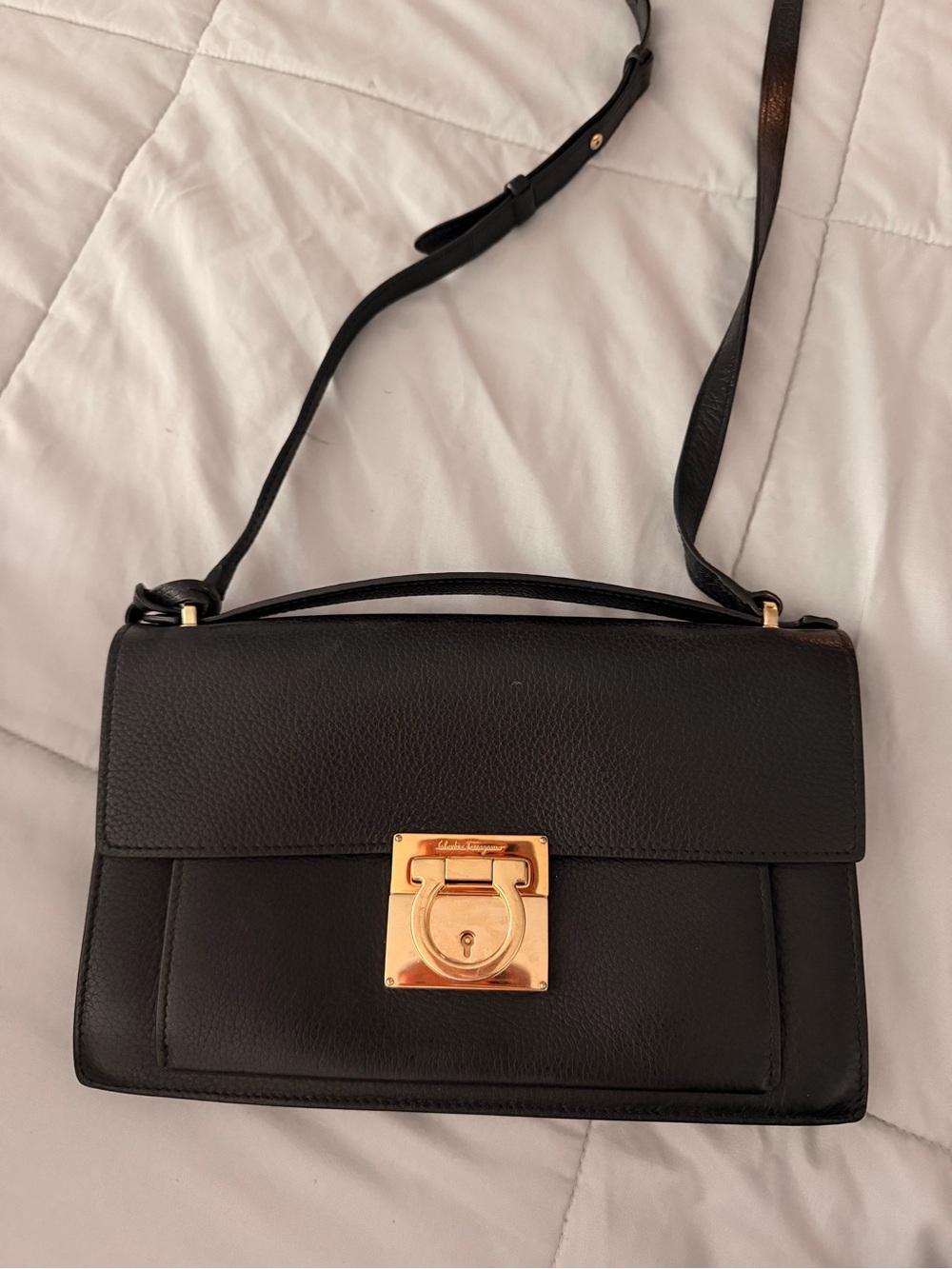 Salvatore Ferragamo Black Leather Shoulder Bag with Gold Hardware